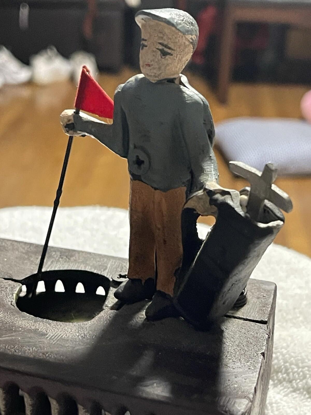 Vintage Cast Iron Toy Mechanical Bank. "Birdie, Putt" Golfer & Caddy.