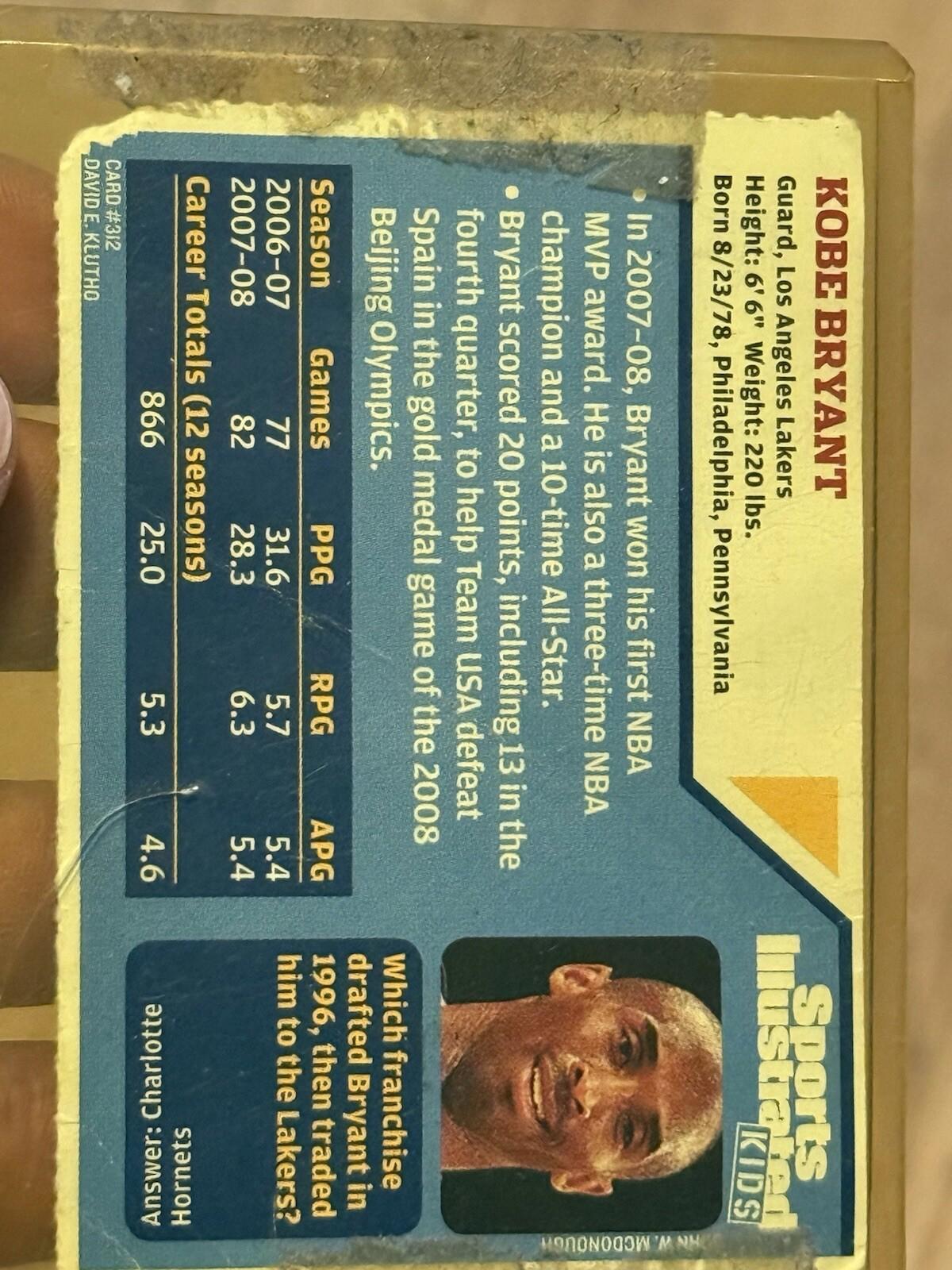Kobe Bryant SI Sports Illustrated for Kids 2008 3D Card #312 Read Lakers