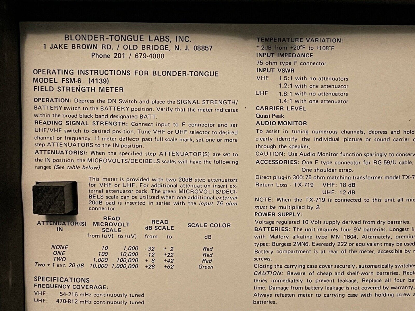 Blonder Tongue UHF VHF FIELD STRENGTH METER FSM-6  4139.  Good Condition (24)