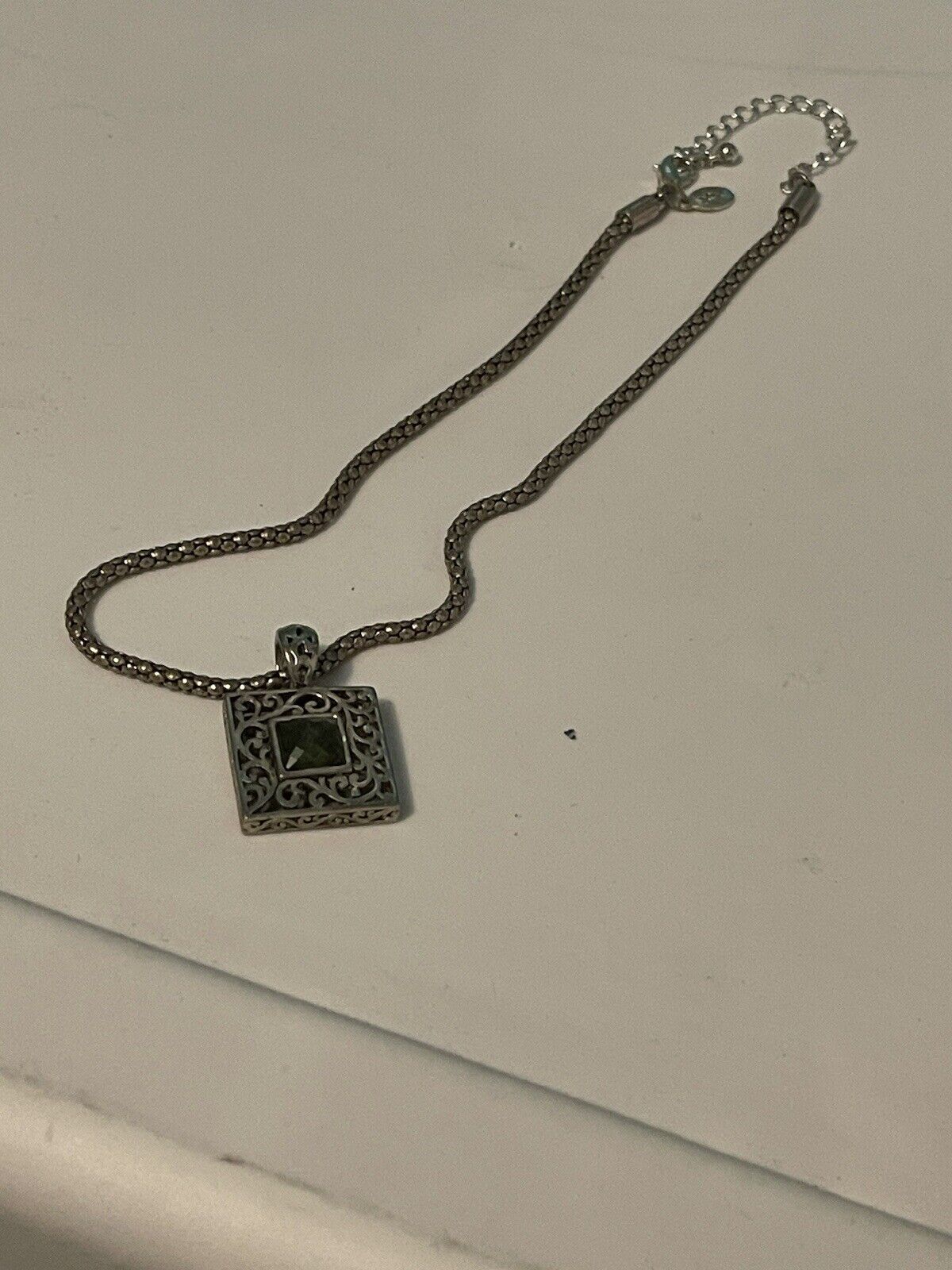 cookie lee silver tone necklace square silver  Green pendant