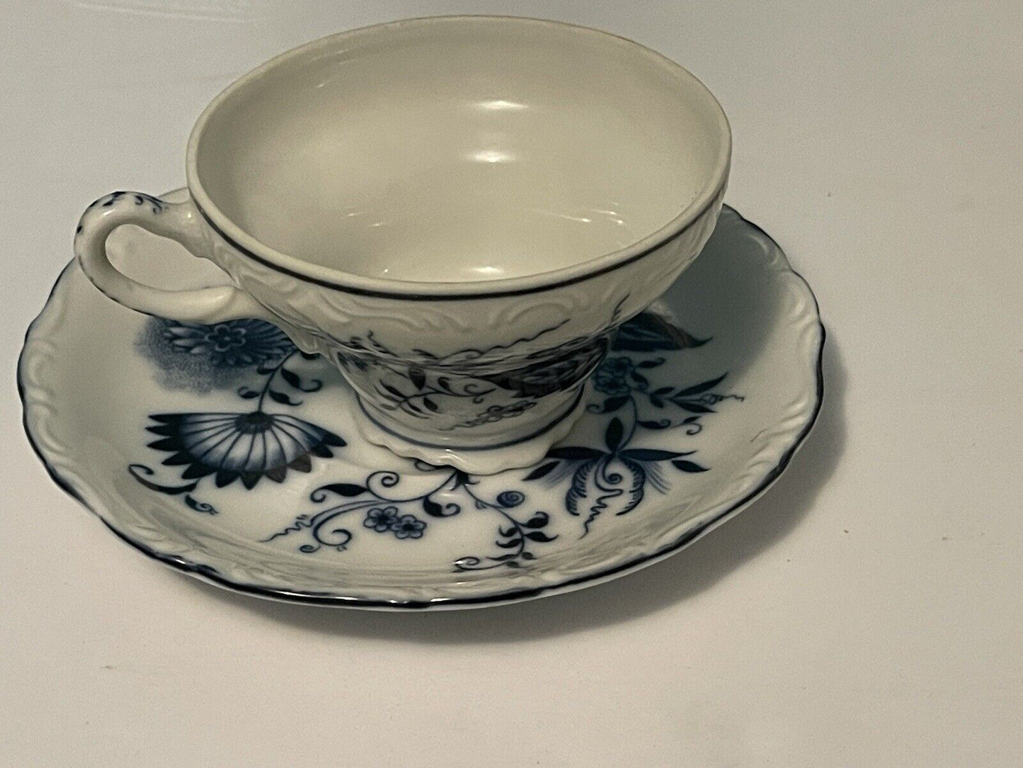 Blue Danube Blue Onion Cup And Saucer Set Rectangle Mark Japan Tripod Handle Vtg