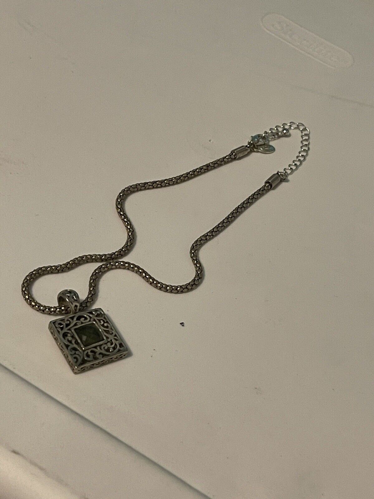 cookie lee silver tone necklace square silver  Green pendant