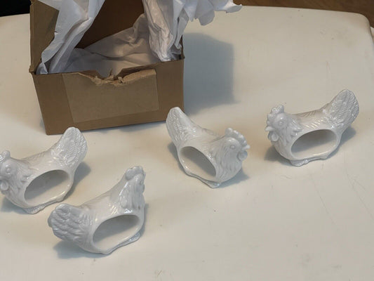 4 Vintage Shafford Design Porcelain White Hen Napkin Rings