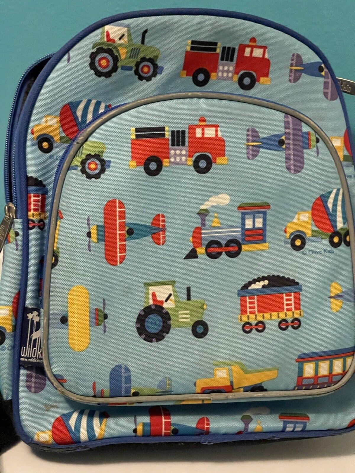 Wildkin Blue Red Yellow Plane Truck Train Zip Multi Compartment Backpack kids zi