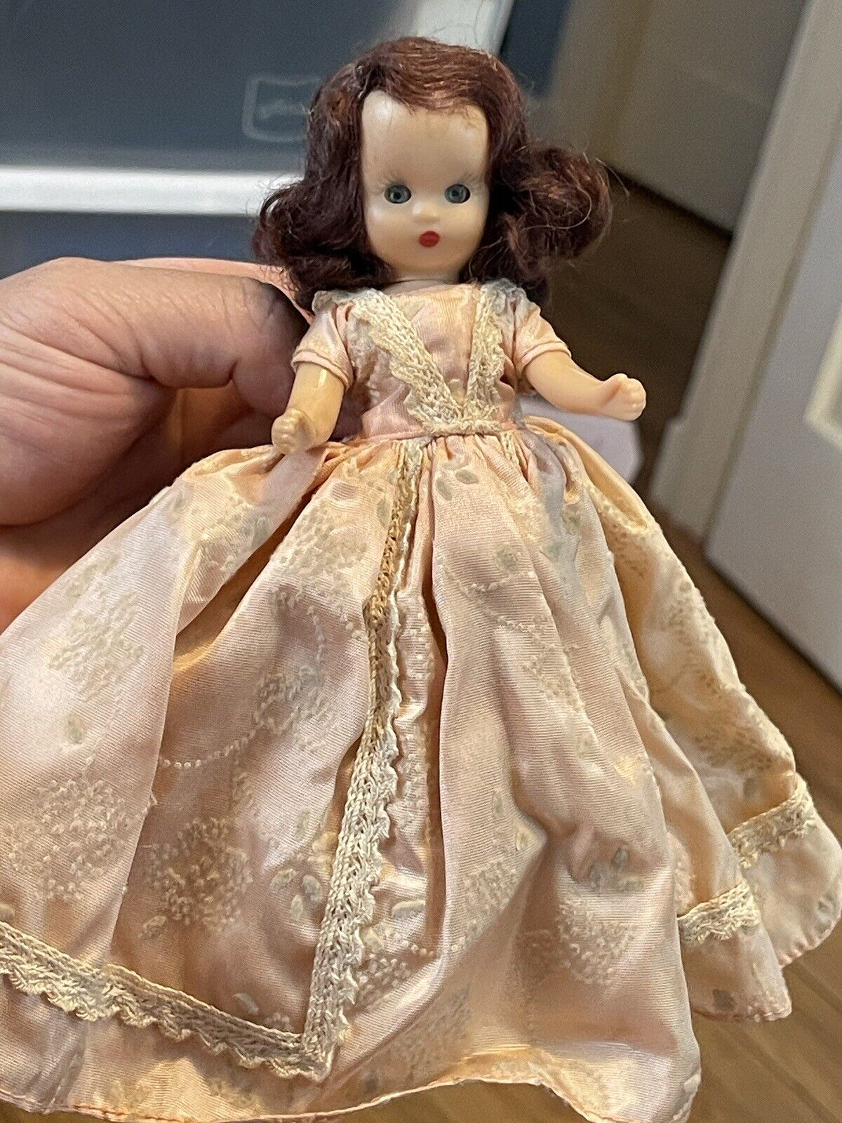 Vintage Story Book Dolls Hard Plastic Walker Doll 6” Sleepy Eyes Pink Dress 