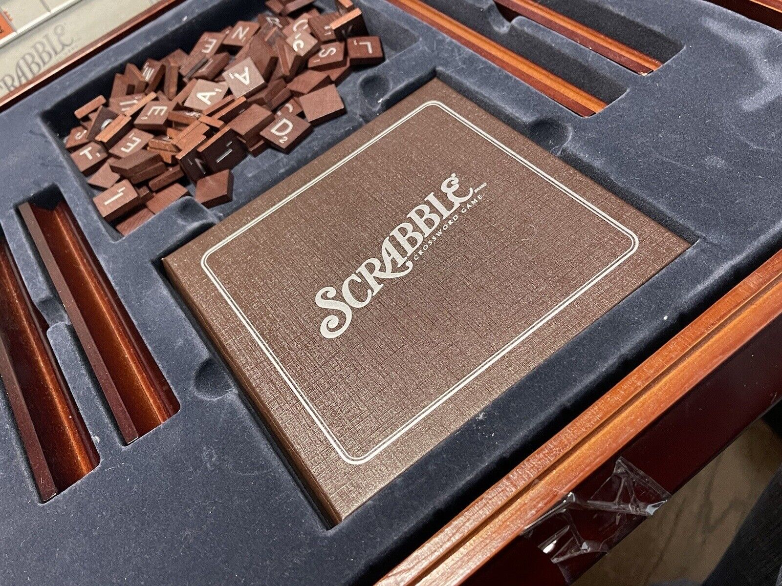 Deluxe Wood Scrabble Crossword Board Game Wooden Parker Bros 2005 Edition