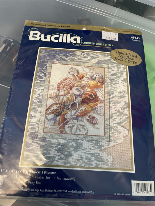 Bucilla TRANQUILITY Counted Cross Stitch Kit Seashells Beach New Vtg 1999 USA (6