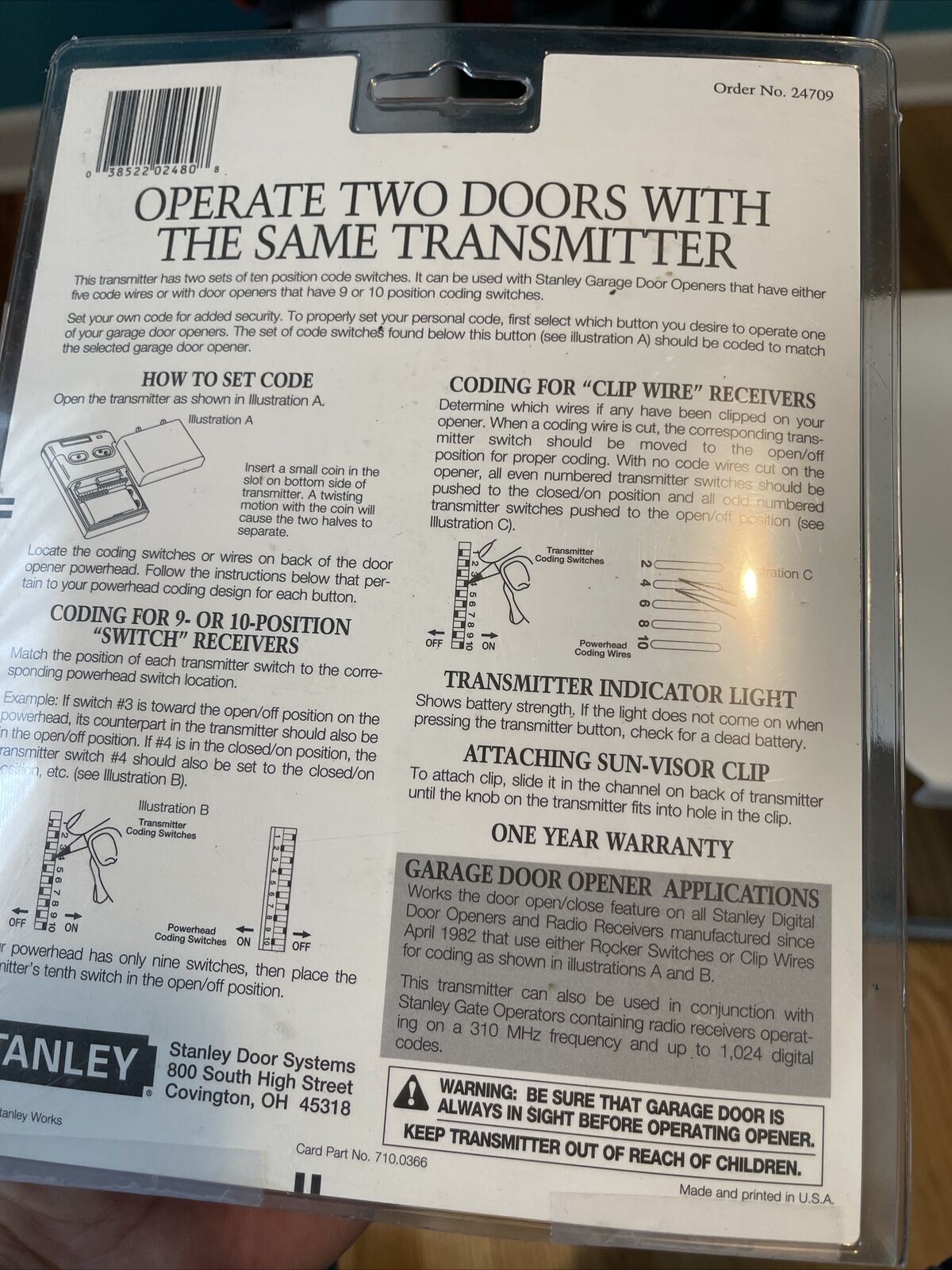 Stanley Two Door Transmitter Operates 2 Diff. Garage Doors - New Factory Sealed 