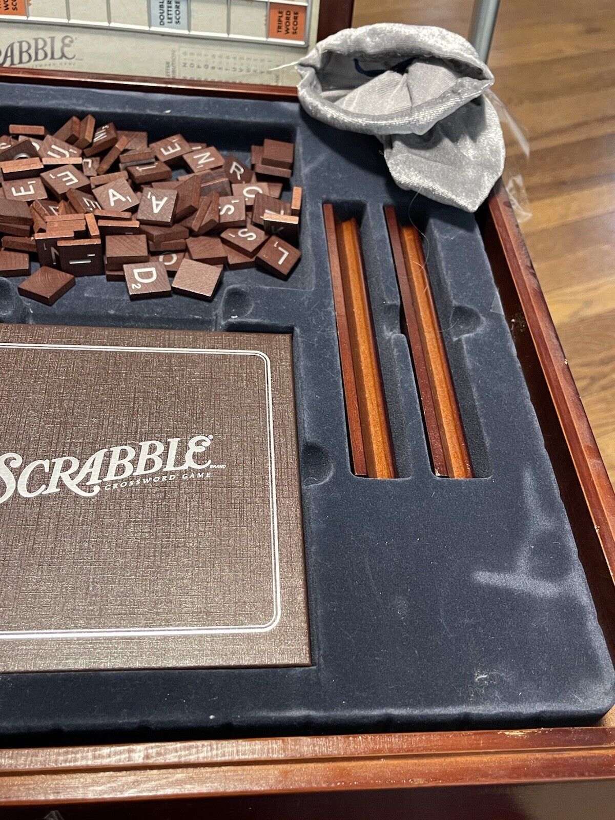 Deluxe Wood Scrabble Crossword Board Game Wooden Parker Bros 2005 Edition