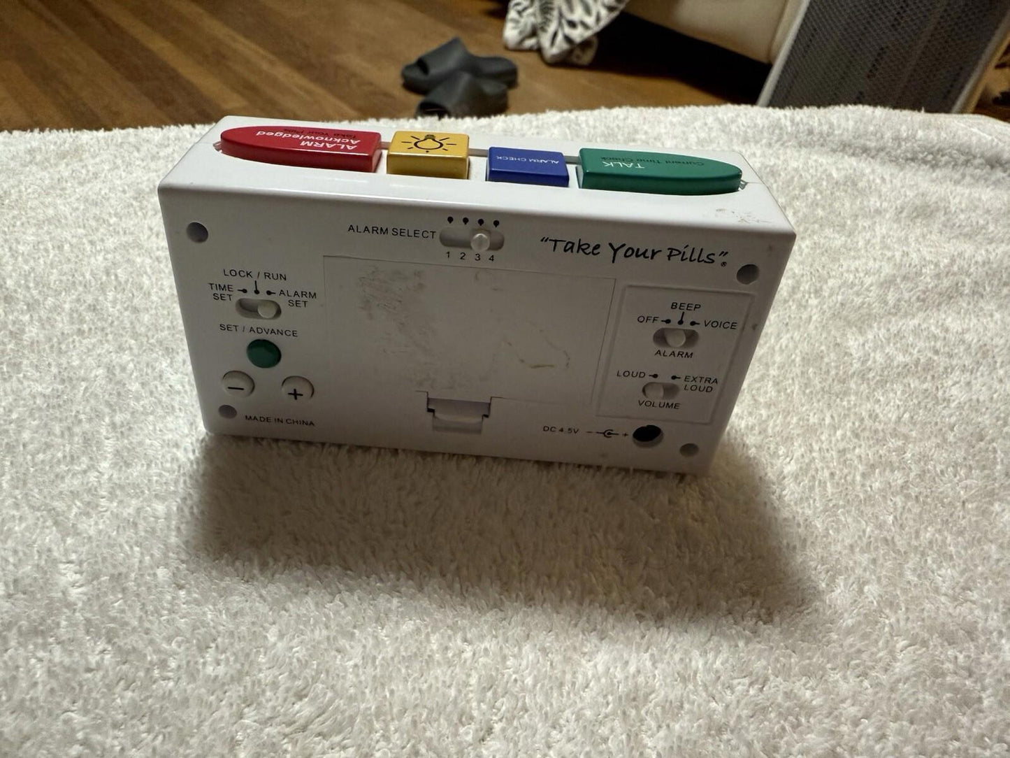 Talking Pill Reminder Clock with Loud, Easy Set, Multiple Alarms, No Power Cord