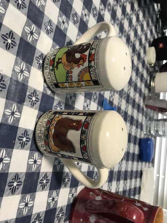 Enesco Susan Marie Mcchesney Ceramic Salt & Pepper Hen & Rooster Motifs C. 1982