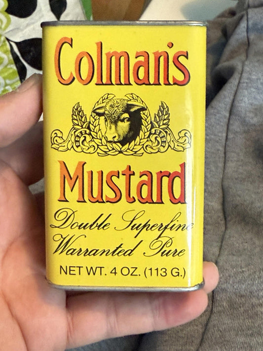 Vintage Colman's Mustard 4oz Bulls Head Metal Spice Tin with Metal Lid - Half Fu