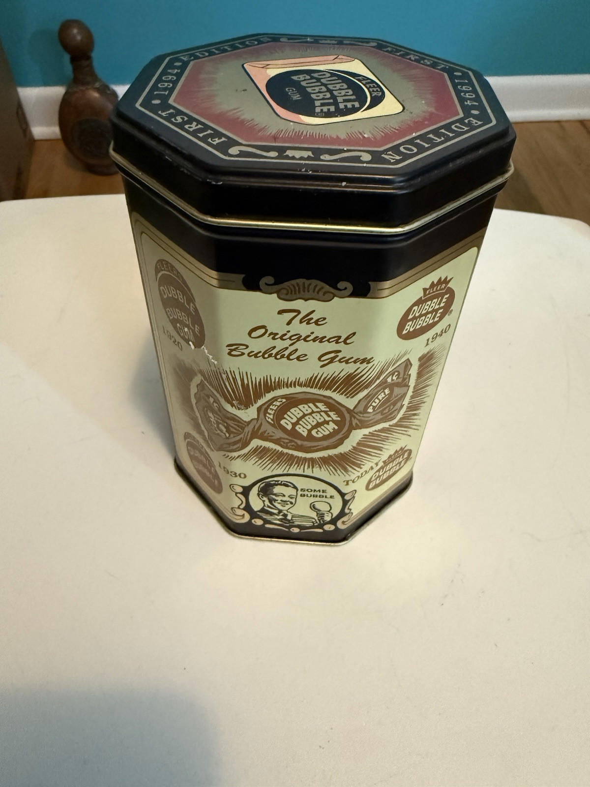Vintage Repro. 1994 First Edition Fleer Dubble Bubble Tin Canister Octagon Black