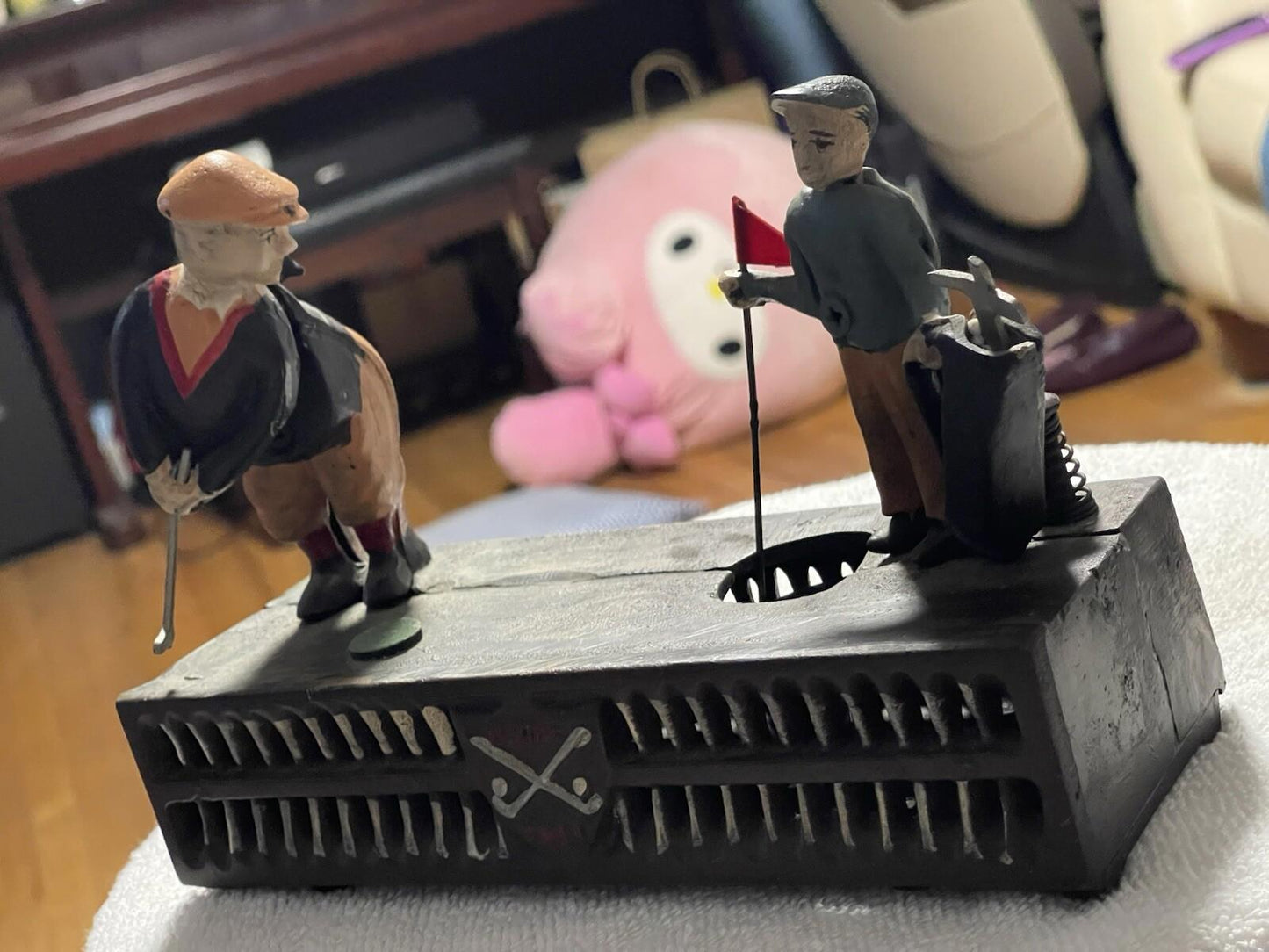 Vintage Cast Iron Toy Mechanical Bank. "Birdie, Putt" Golfer & Caddy.