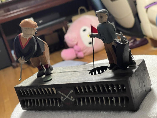 Vintage Cast Iron Toy Mechanical Bank. "Birdie, Putt" Golfer & Caddy.