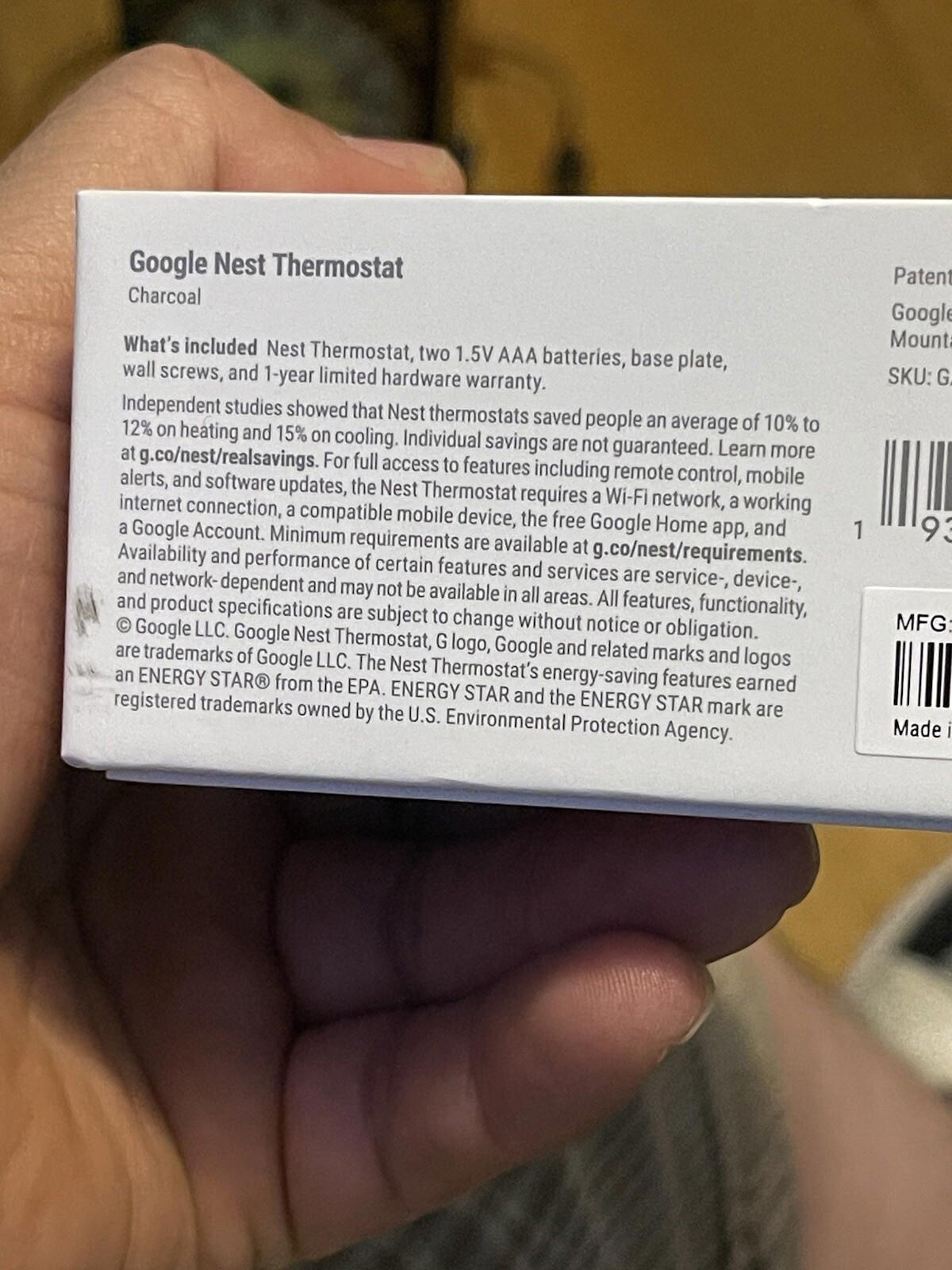Google Nest Thermostat Sensor Charcoal, open box model G4CV2
