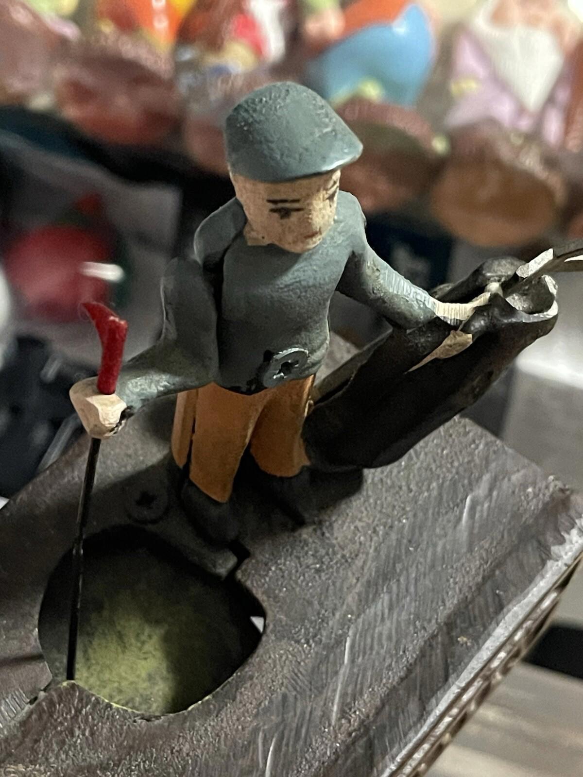 Vintage Cast Iron Toy Mechanical Bank. "Birdie, Putt" Golfer & Caddy.